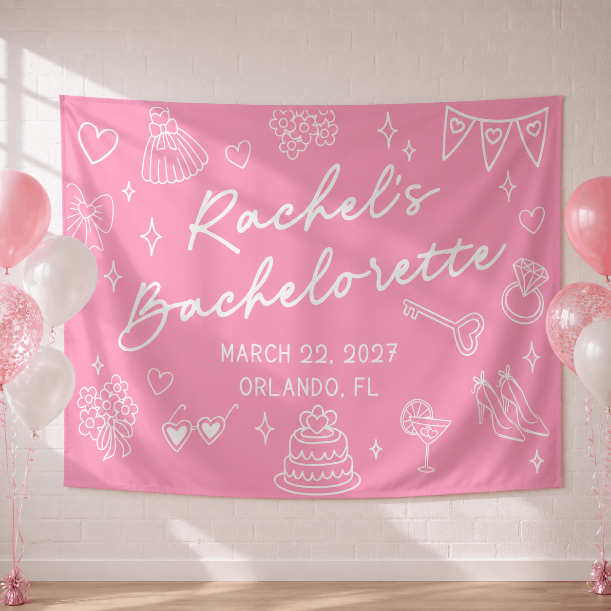 Personalized doodle style bachelorette party tapestry banner - Design 1, custom name and date landscape backdrop