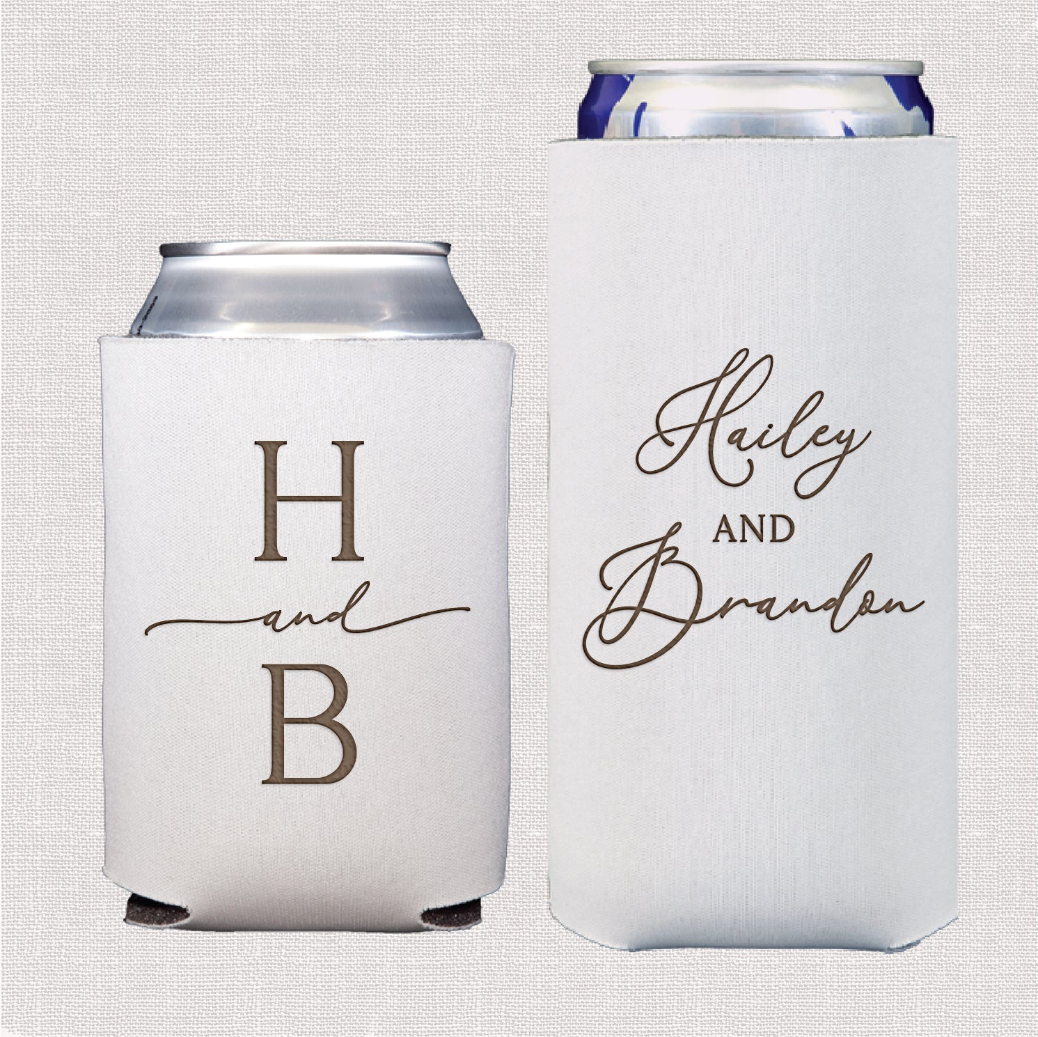 Modern initial wedding bundle featuring personalized standard and slim can coolers with modern initial monogram design