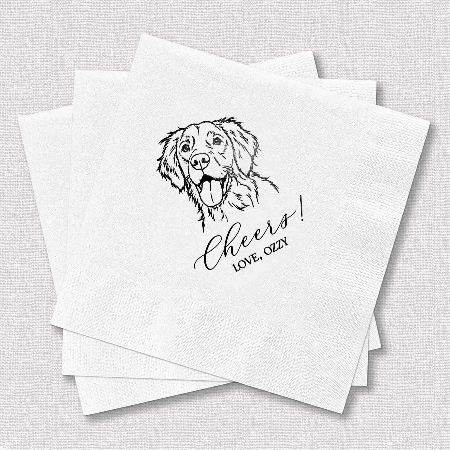 Pet Wedding Cheers cocktail napkins — personalized pet wedding napkins with Cheers Love Pet Name and family last name design