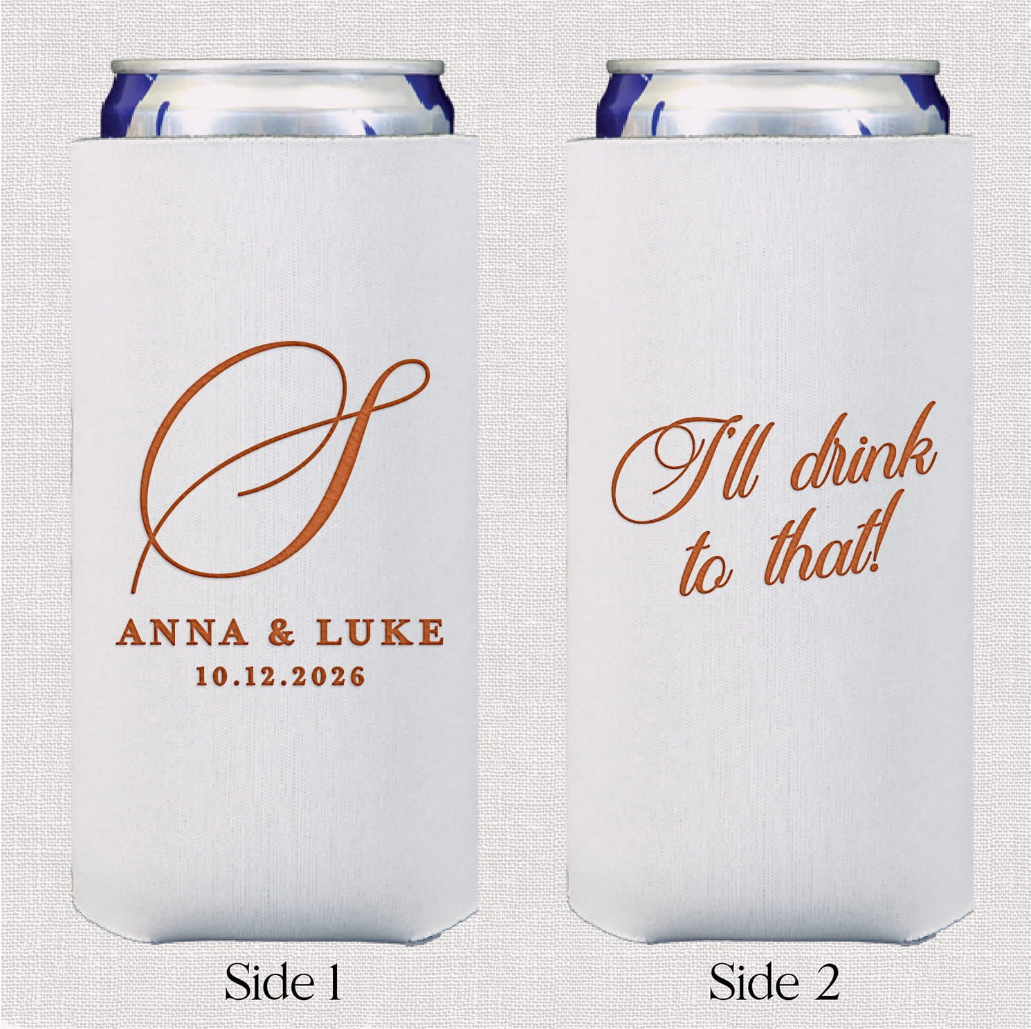 Classic monogram slim neoprene can coolers — personalized wedding bar