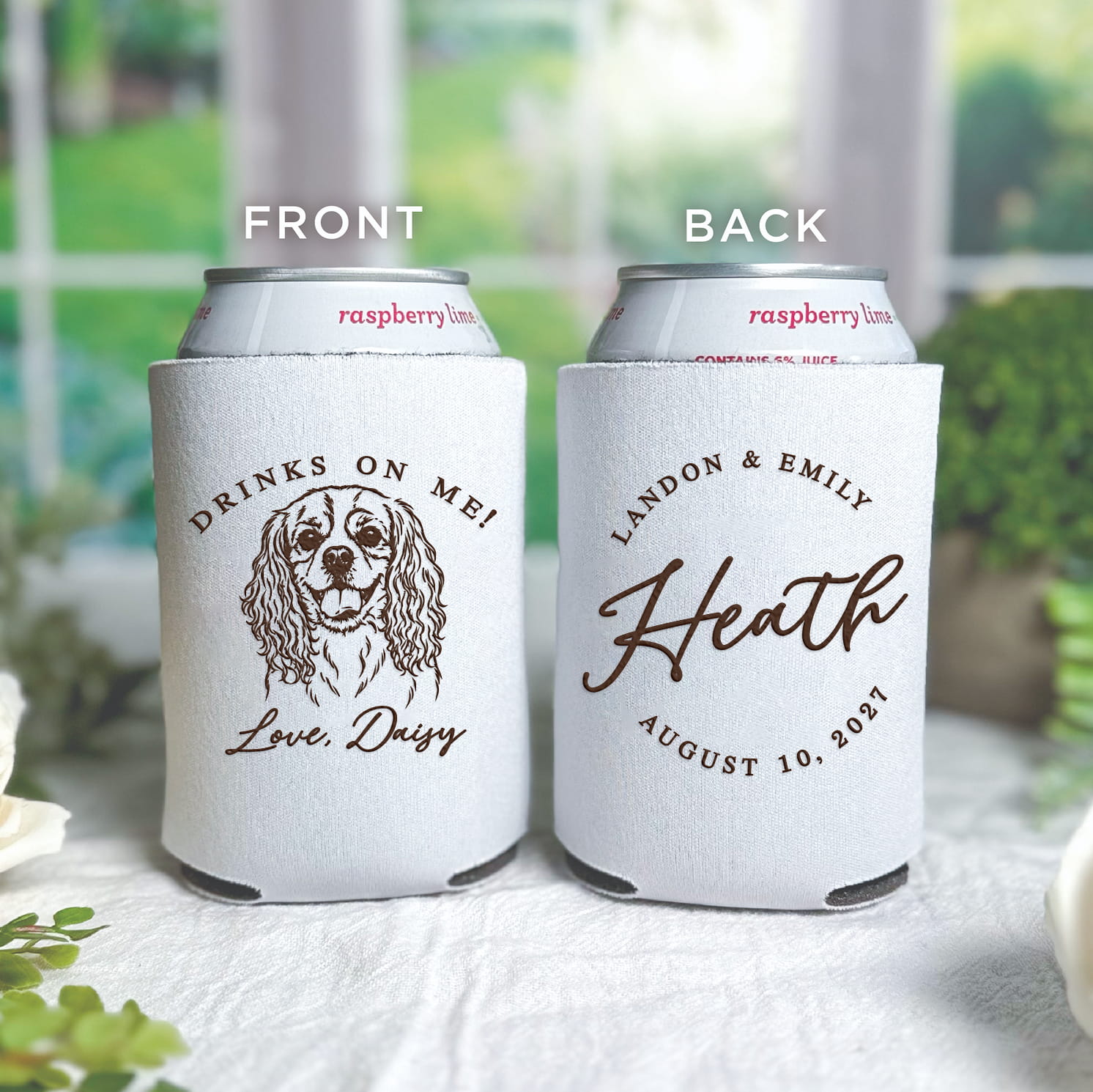 Drinks on Me standard neoprene can coolers — real photo of personalized pet wedding can coolers