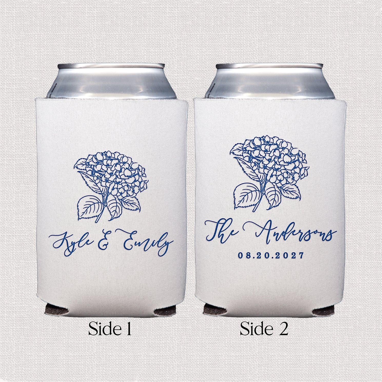 Personalized standard can coolers with hydrangea wedding floral design displayed upright