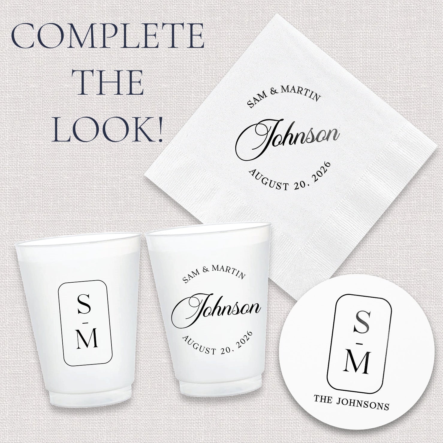 Complete the look upsell graphic showing coordinating modern monogram wedding can coolers and accessories collection