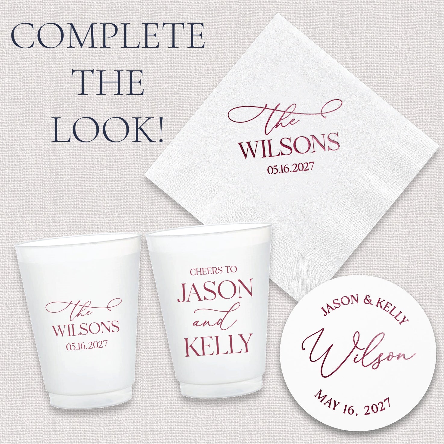 Complete the look upsell graphic showing coordinating elegant last name wedding can coolers and accessories collection