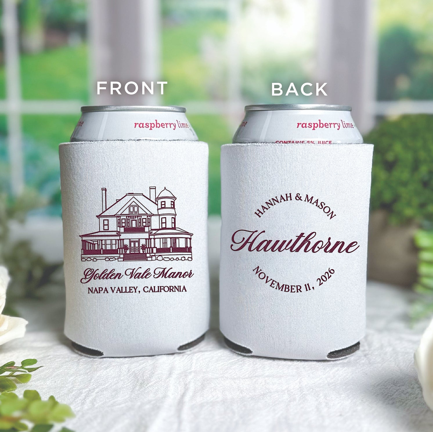 Personalized standard can coolers with venue sketch design showing couple's names and hand-drawn venue illustration