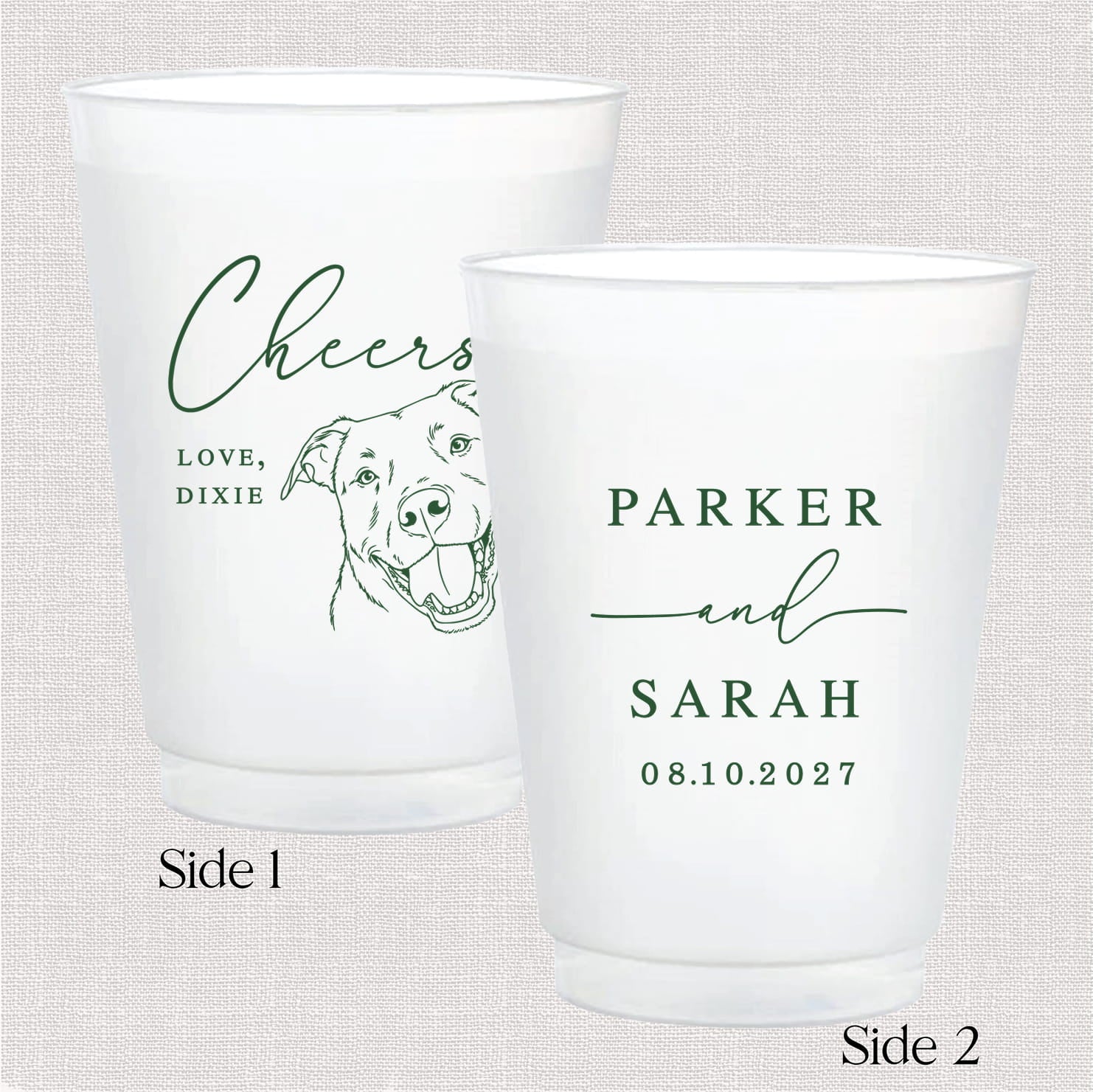 Custom Pet Cheers 16 oz frosted shatterproof cups — personalized pet wedding cups