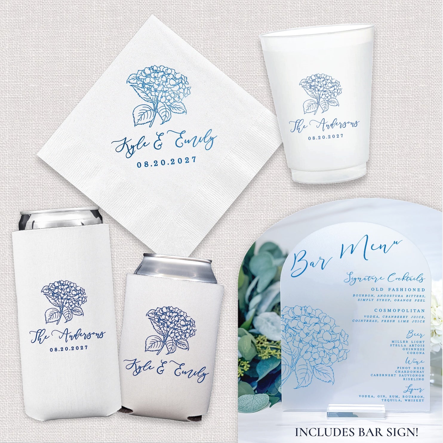 Hydrangea Luxe Wedding Bundle — complete bar suite with cocktail napkins, frosted cups, can coolers, and acrylic bar sign