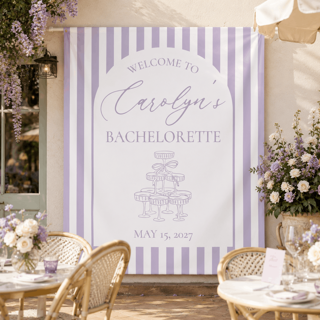 Personalized striped champagne tower bachelorette party tapestry banner - Design 5, custom name and date portrait backdrop