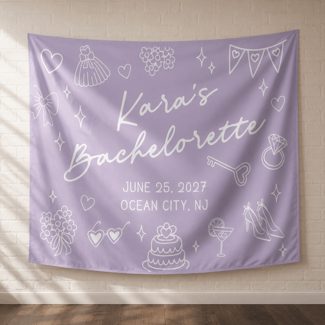 Personalized doodle style bachelorette party tapestry banner - Design 5, custom name and date landscape backdrop