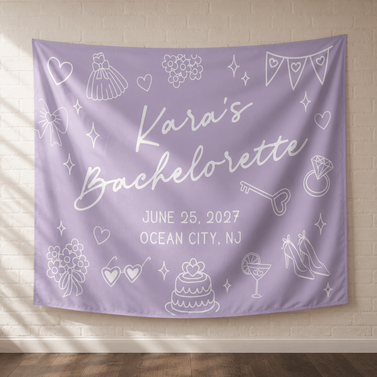 Personalized doodle style bachelorette party tapestry banner - Design 5, custom name and date landscape backdrop