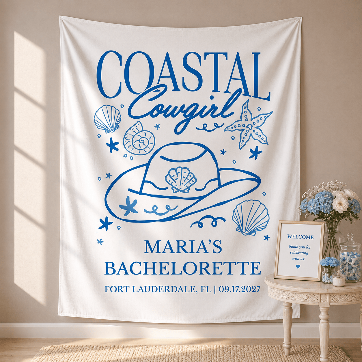 Personalized coastal cowgirl bachelorette party tapestry banner - Design 2, custom name and date backdrop
