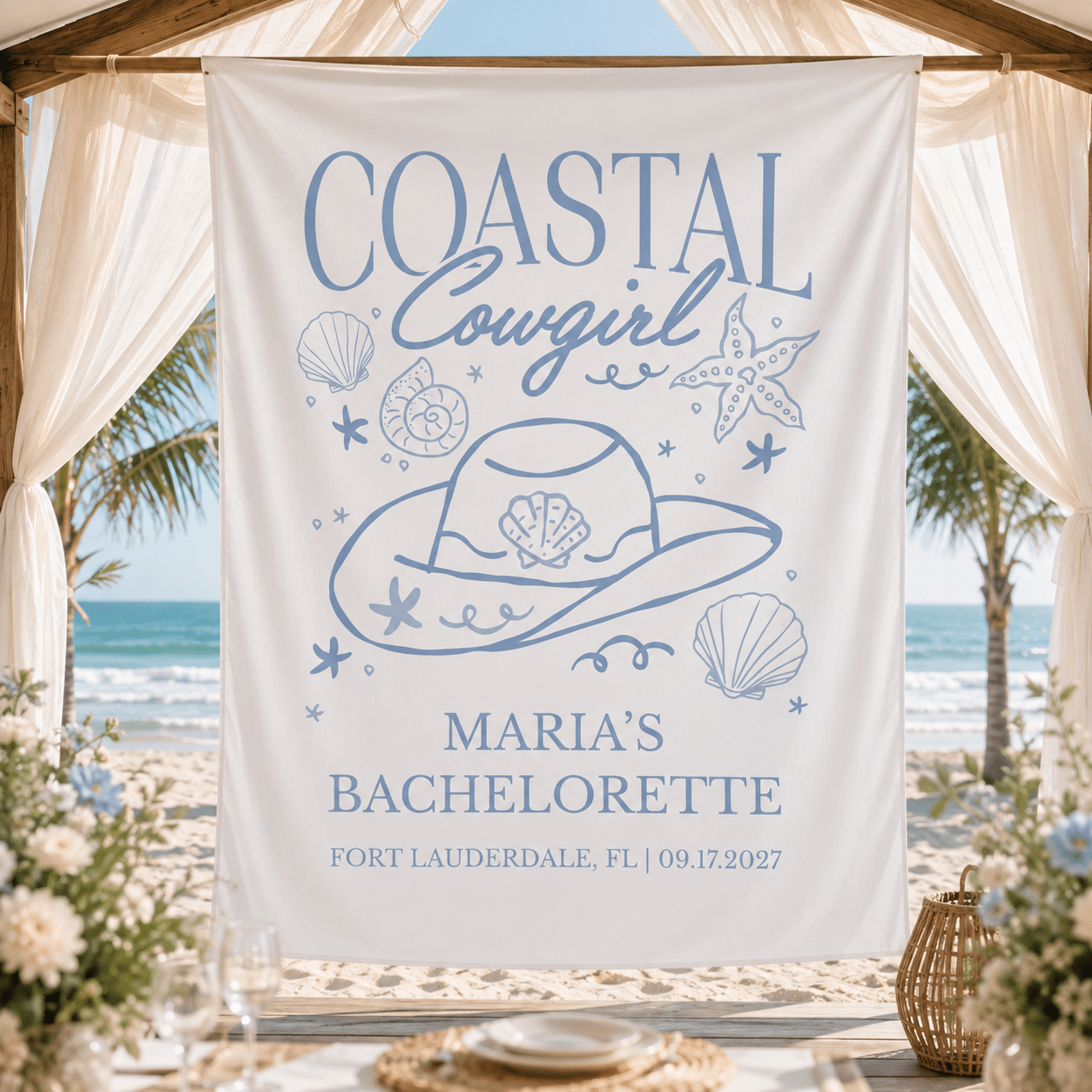 Personalized coastal cowgirl bachelorette party tapestry banner - Design 1, custom name and date backdrop