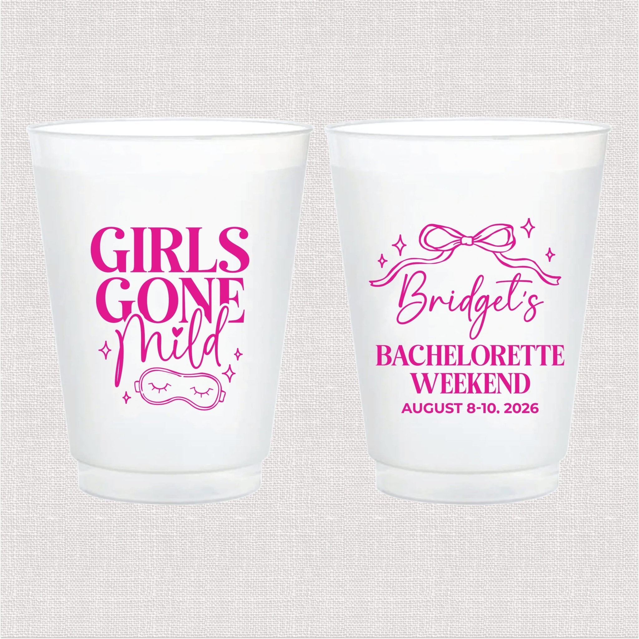 Girls Gone Mild personalized bachelorette cups, sleep mask design detail