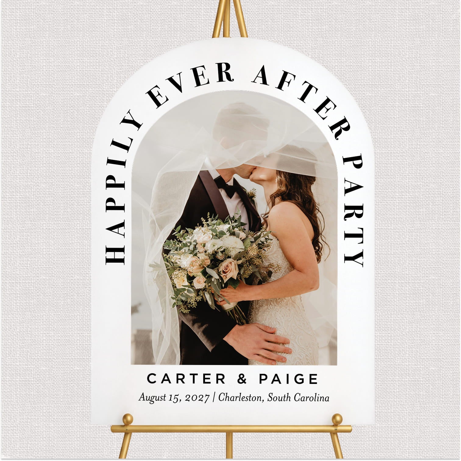 Happily Ever After 18x24 arch photo welcome sign on white acrylic — personalized wedding suite
