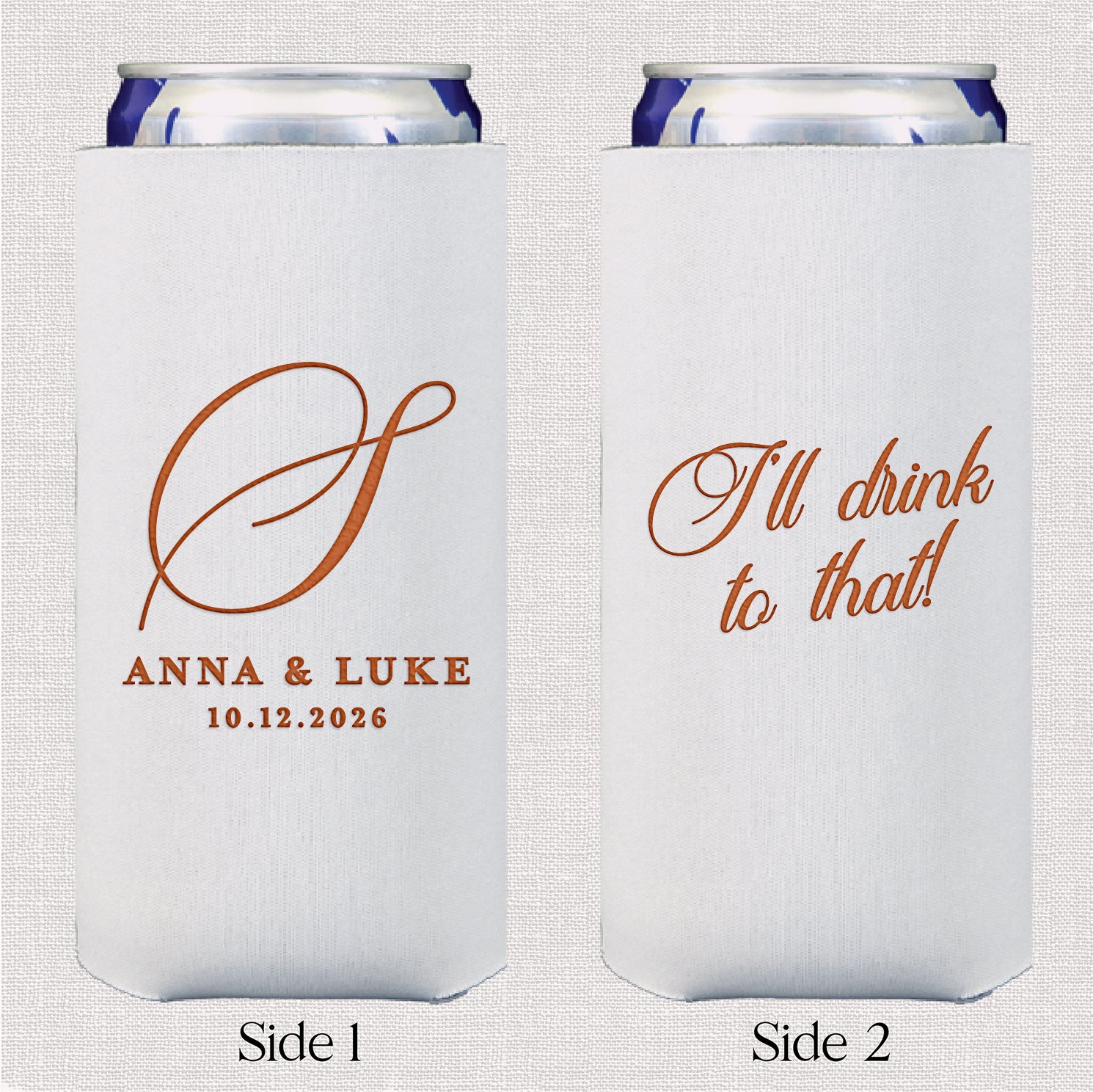 Personalized slim can coolers with classic monogram wedding design displayed upright