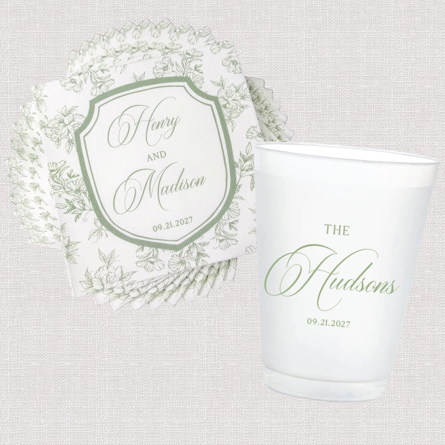 Floral Toile Wedding Bundle - personalized cocktail napkins and frosted shatterproof cups main photo
