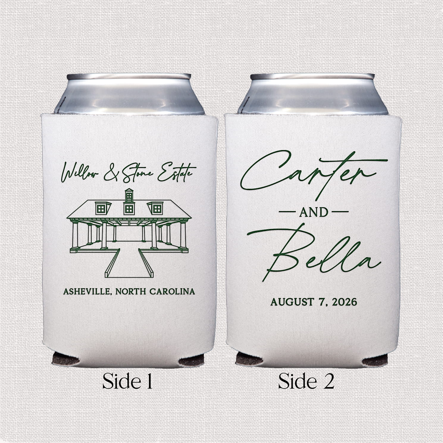 Venue stacked names standard neoprene can coolers — personalized wedding bar