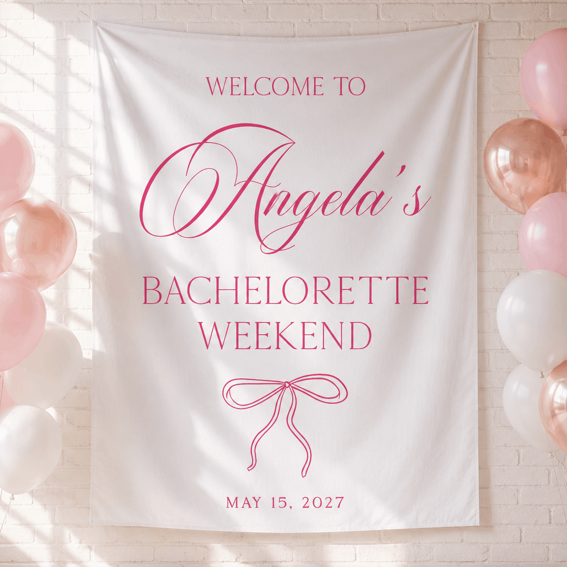 Personalized bachelorette party bow tapestry banner - Bow Design 3, custom name backdrop for bachelorette weekend