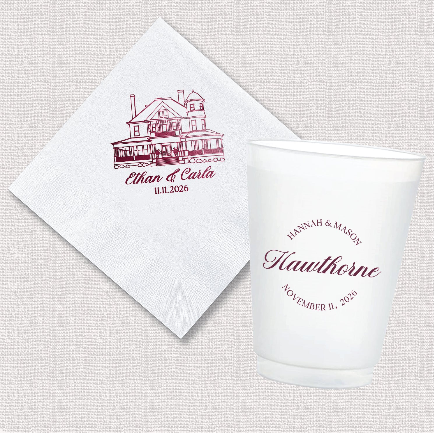 Venue sketch wedding bundle featuring personalized cocktail napkin and frosted shatterproof cup with hand-drawn venue rendering