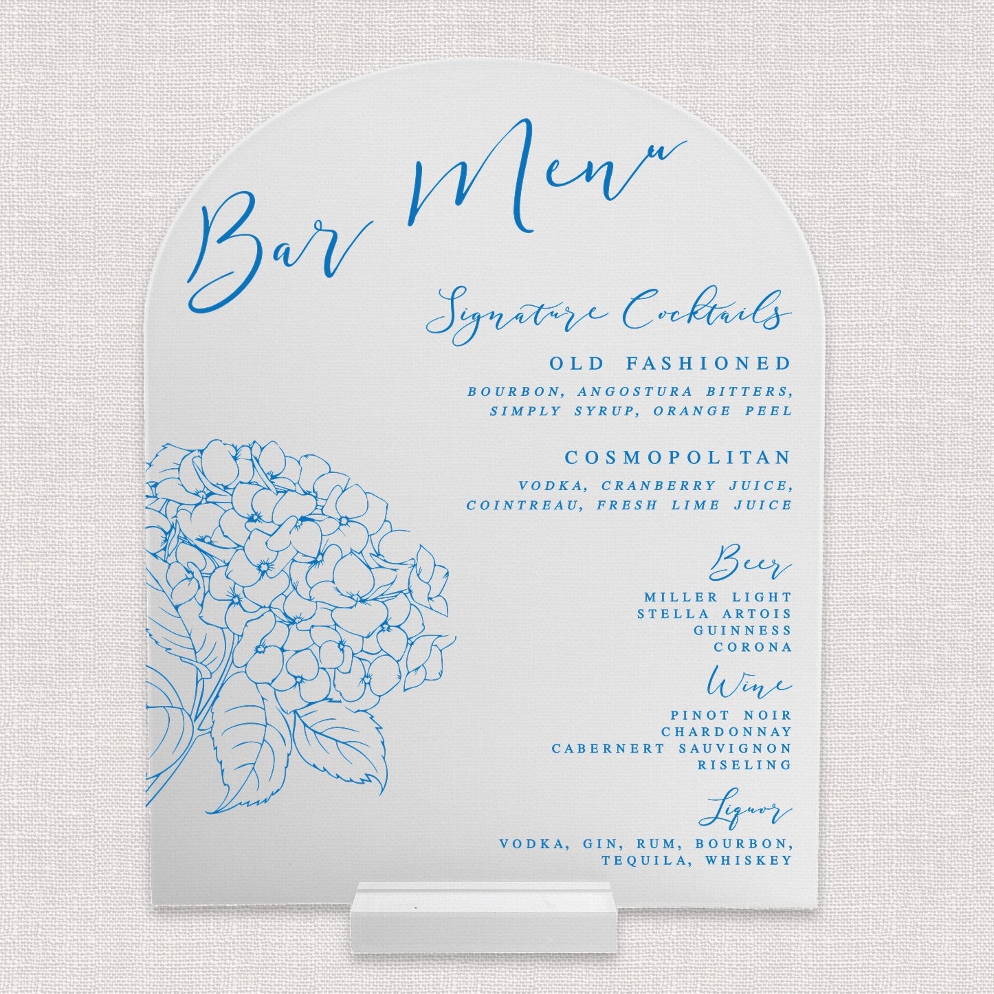 Hydrangea 8x10 frosted acrylic arch bar sign — personalized floral wedding bar