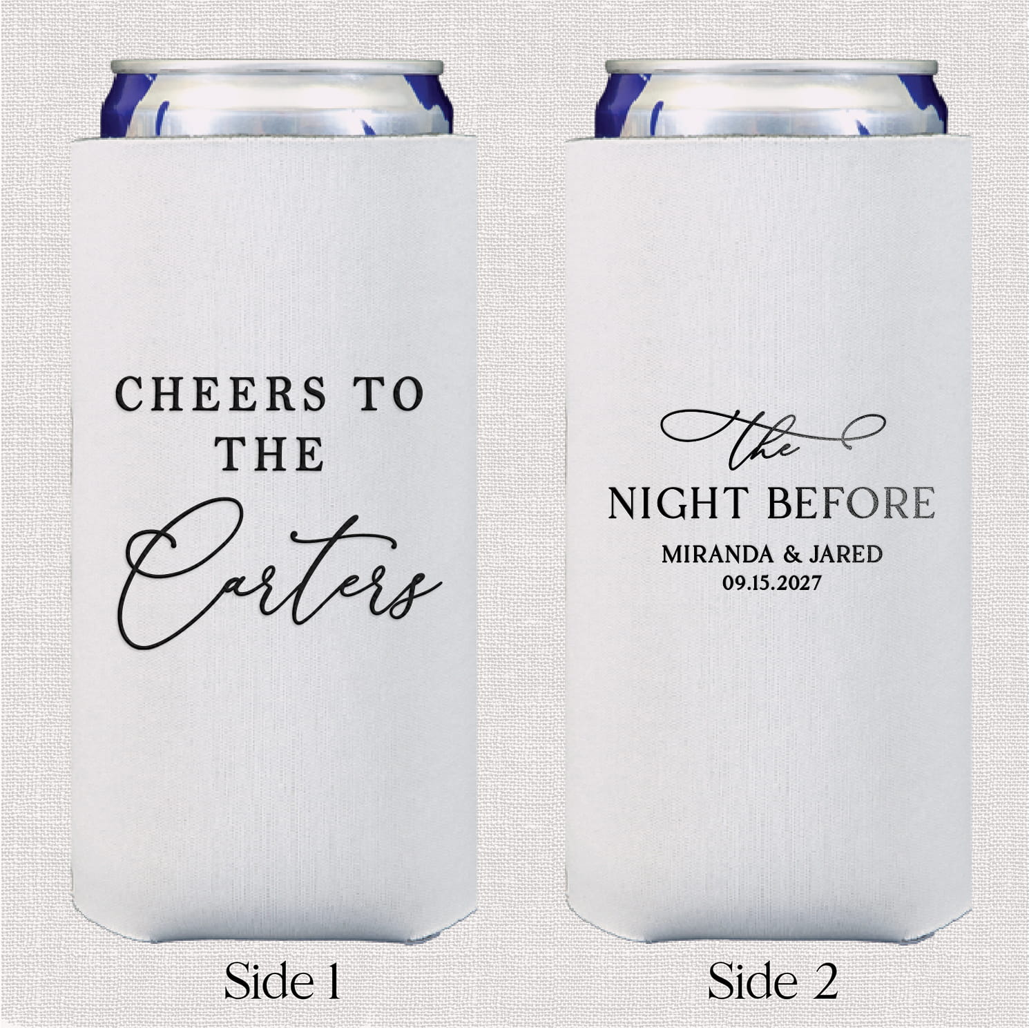 The Night Before slim neoprene can coolers — personalized wedding bar
