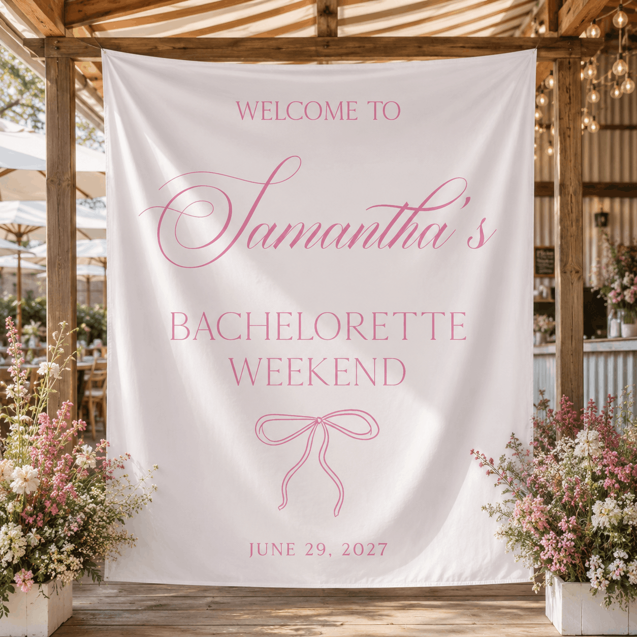Personalized bachelorette party bow tapestry banner - Bow Design 5, custom name backdrop for bachelorette weekend