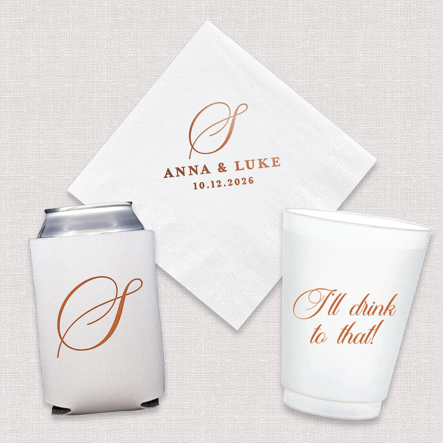 A complete Classic Monogram wedding bundle featuring personalized cocktail napkins, frosted shatterproof cups, and neoprene can coolers with a classic monogram design, arranged as a coordinated set.