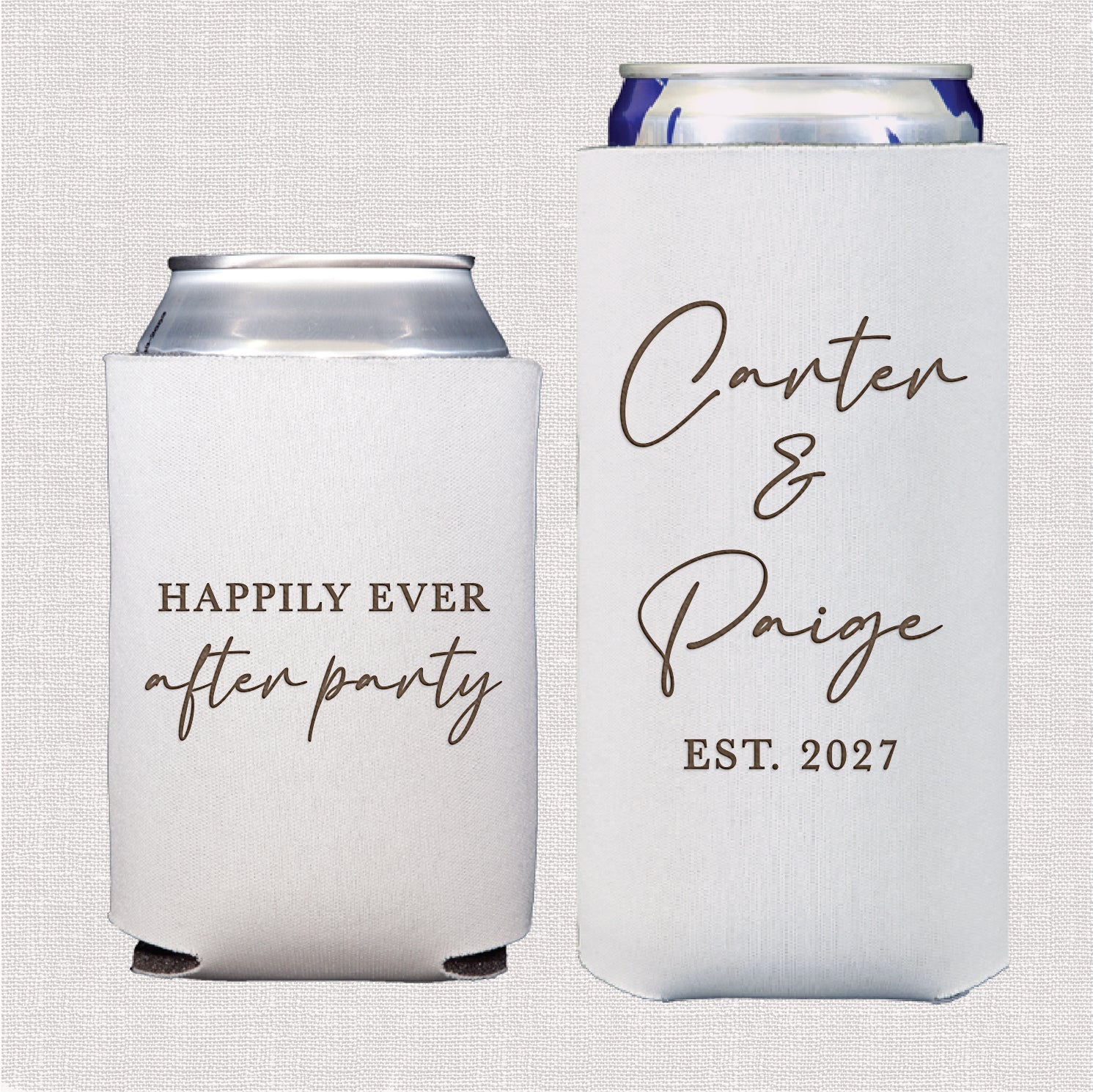 Happily ever after party bundle featuring personalized standard and slim can coolers with happily ever after wedding design