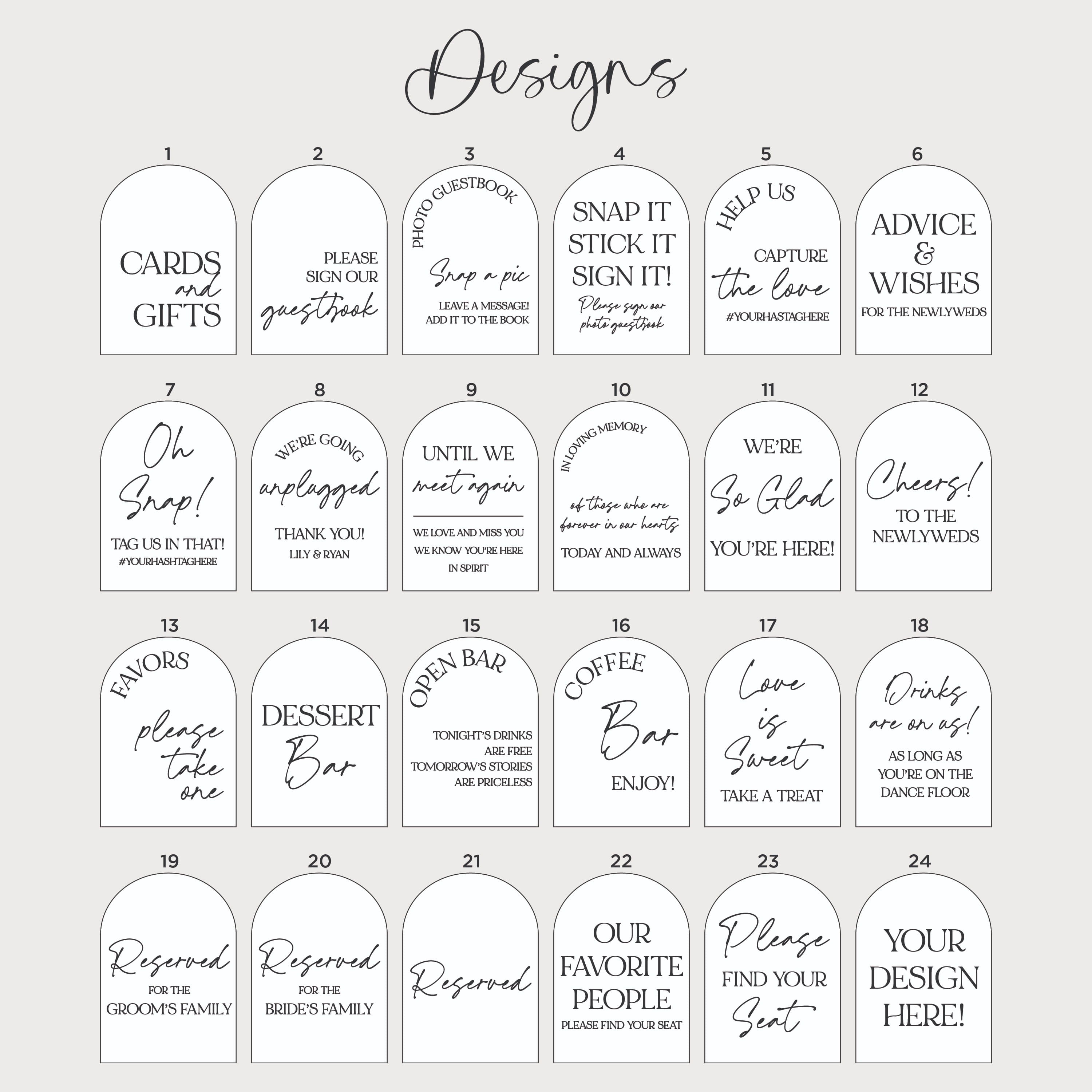 Reference chart of 24 pre-designed acrylic arch wedding sign wording options, including Cards and Gifts, Please Sign Our Guestbook, Open Bar, Coffee Bar, Dessert Bar, Reserved, and Please Find Your Seat.