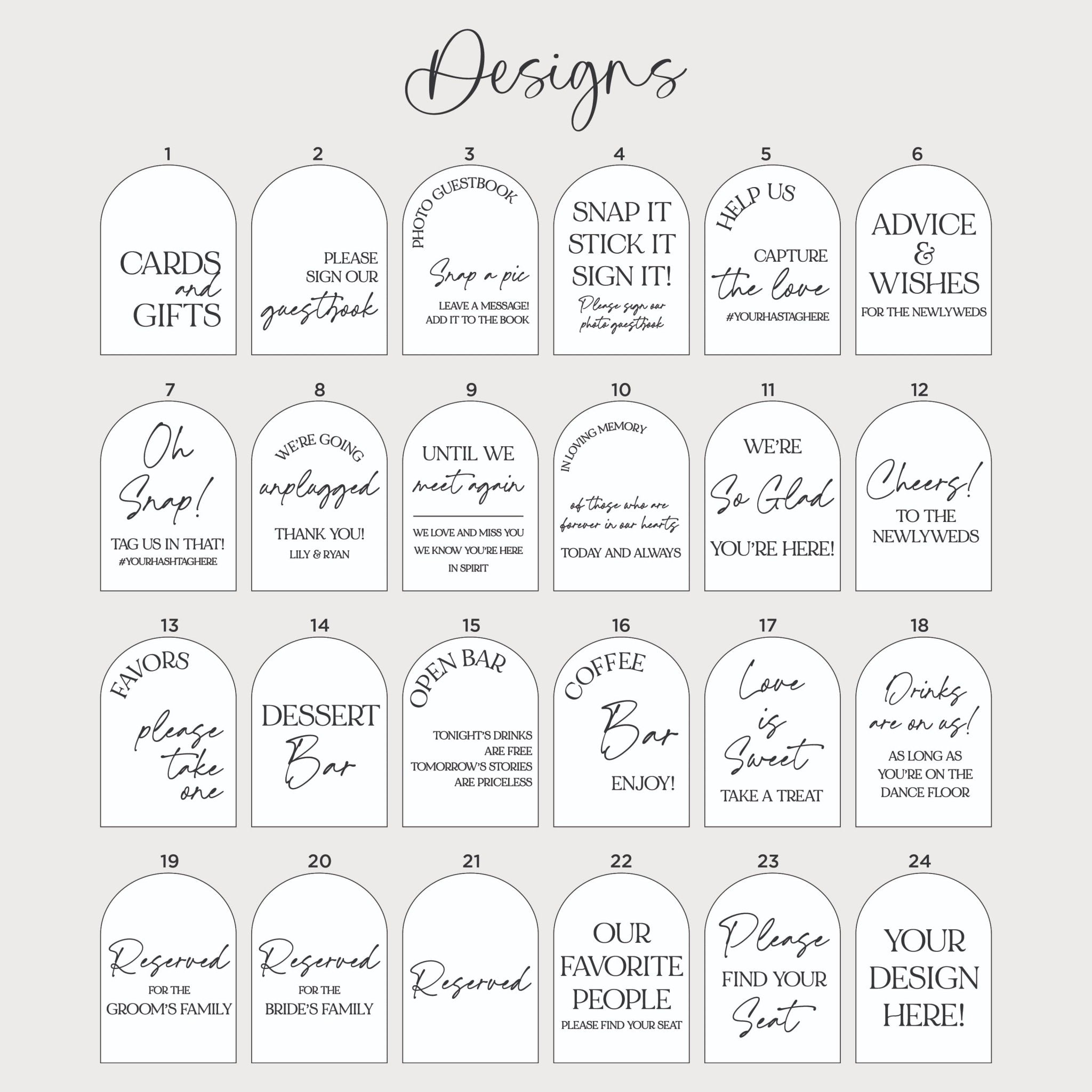 Reference chart of 24 pre-designed acrylic arch wedding sign wording options, including Cards and Gifts, Please Sign Our Guestbook, Open Bar, Coffee Bar, Dessert Bar, Reserved, and Please Find Your Seat.