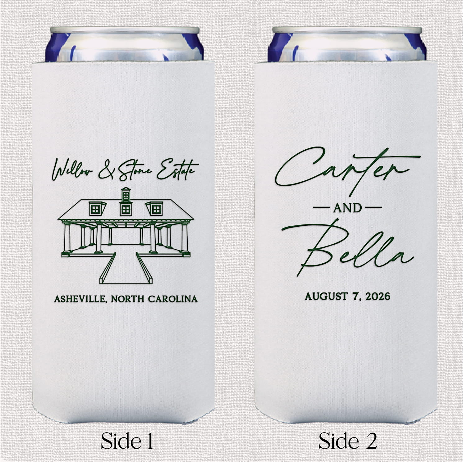 Venue stacked names slim neoprene can coolers — personalized wedding bar