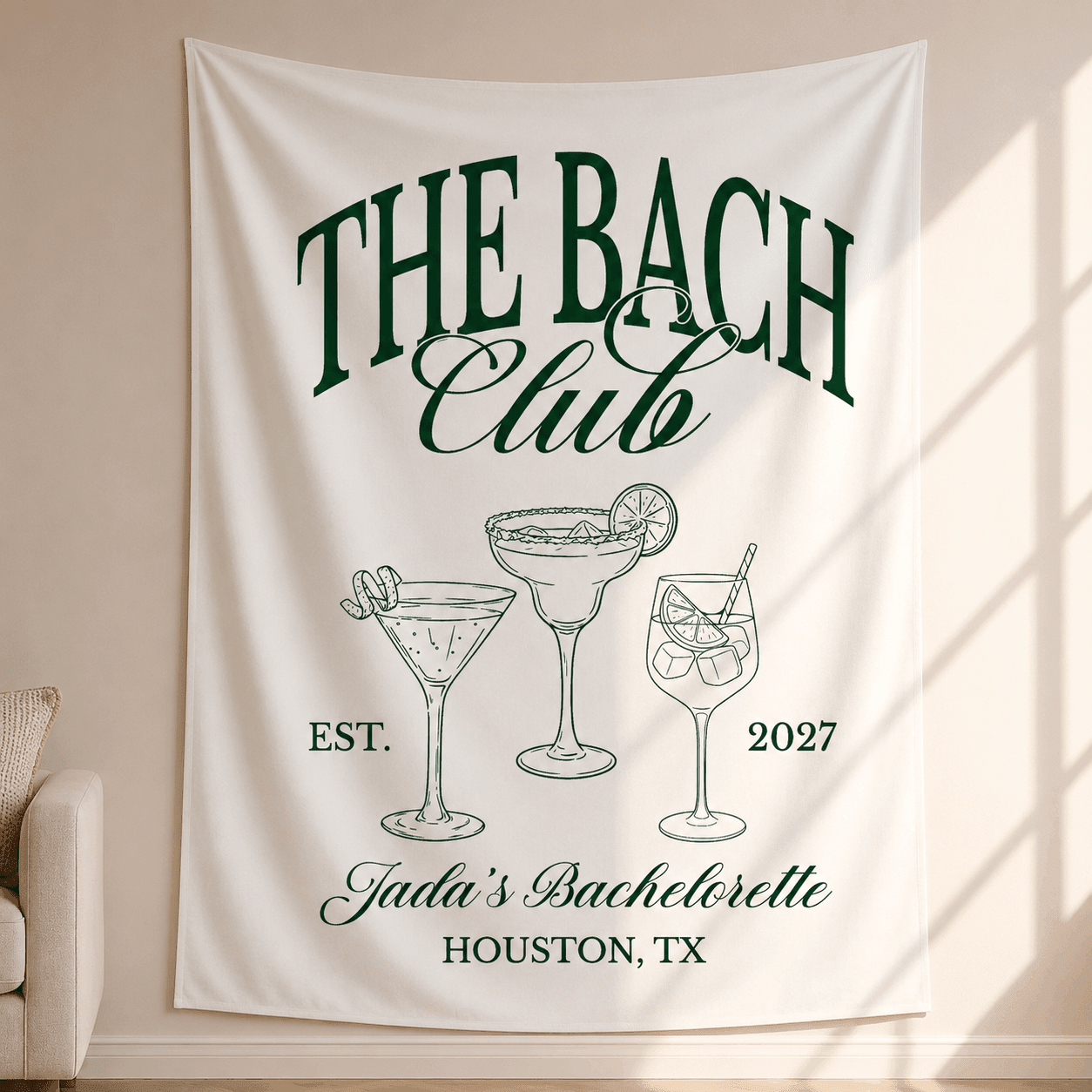 The Bach Club personalized bachelorette tapestry banner size comparison and styling options