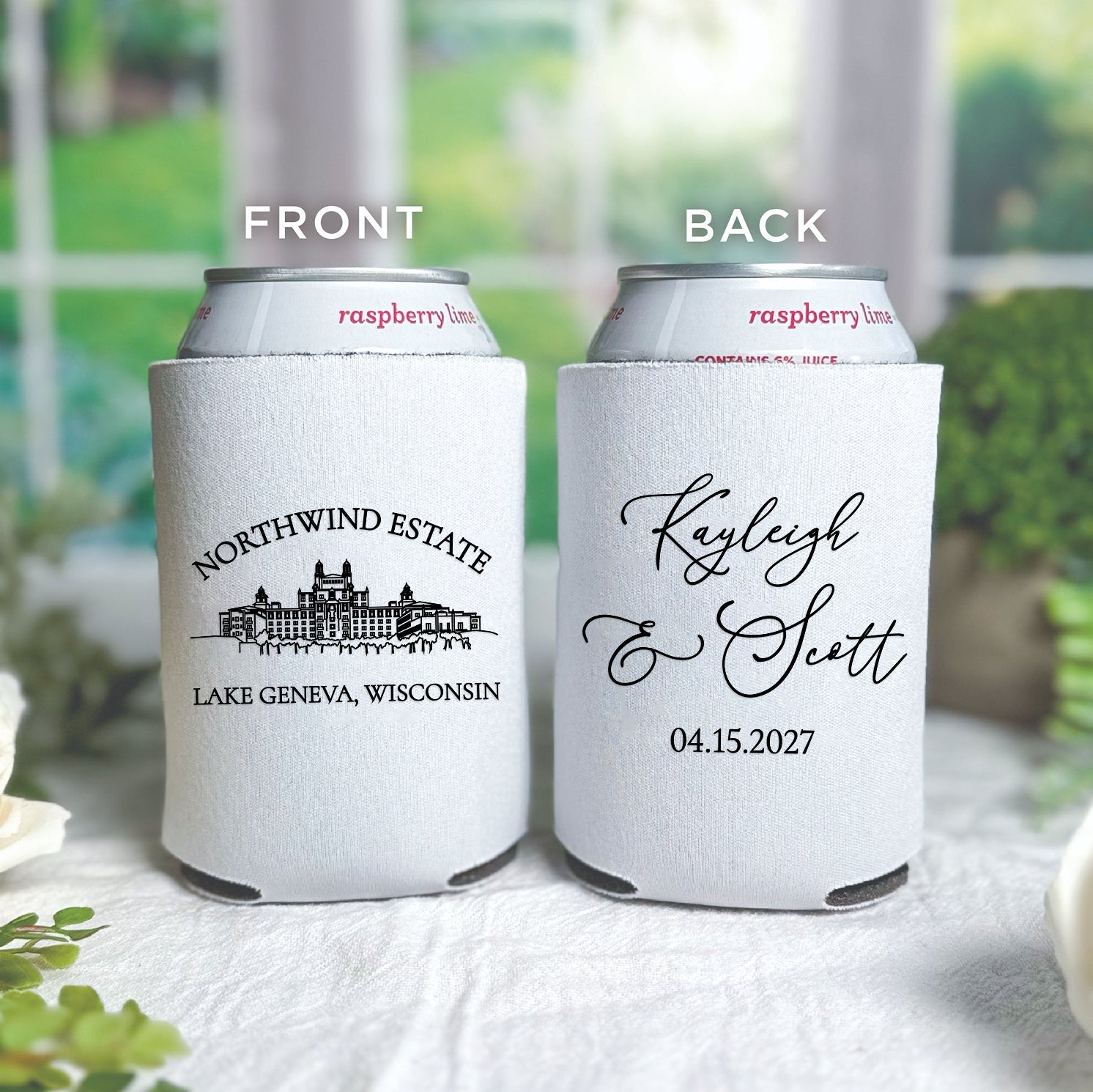 Personalized standard can coolers with venue line drawing design showing couple's initials and venue illustration