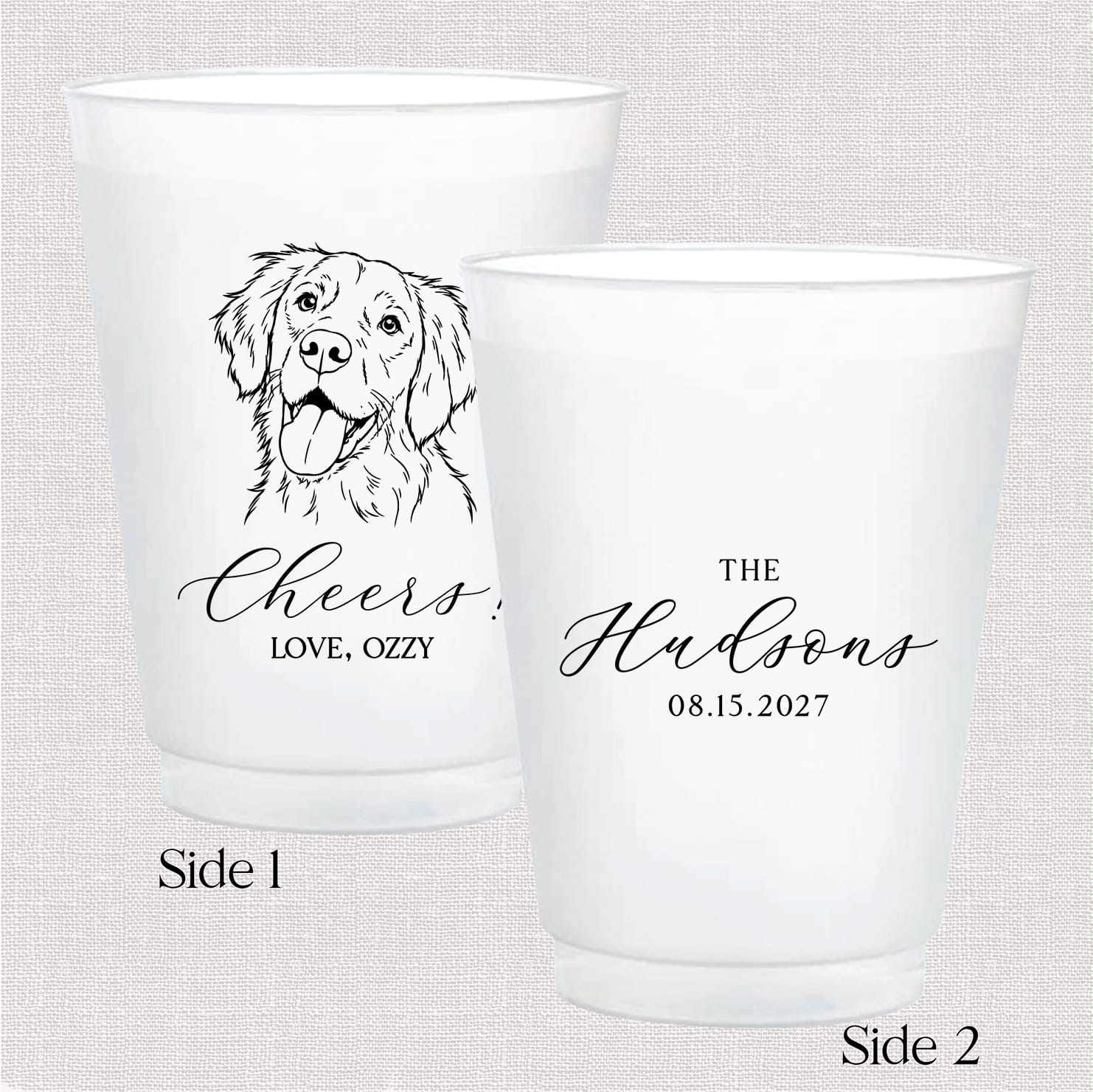 Pet Wedding Cheers 16 oz frosted shatterproof cups — personalized pet wedding cups with family last name
