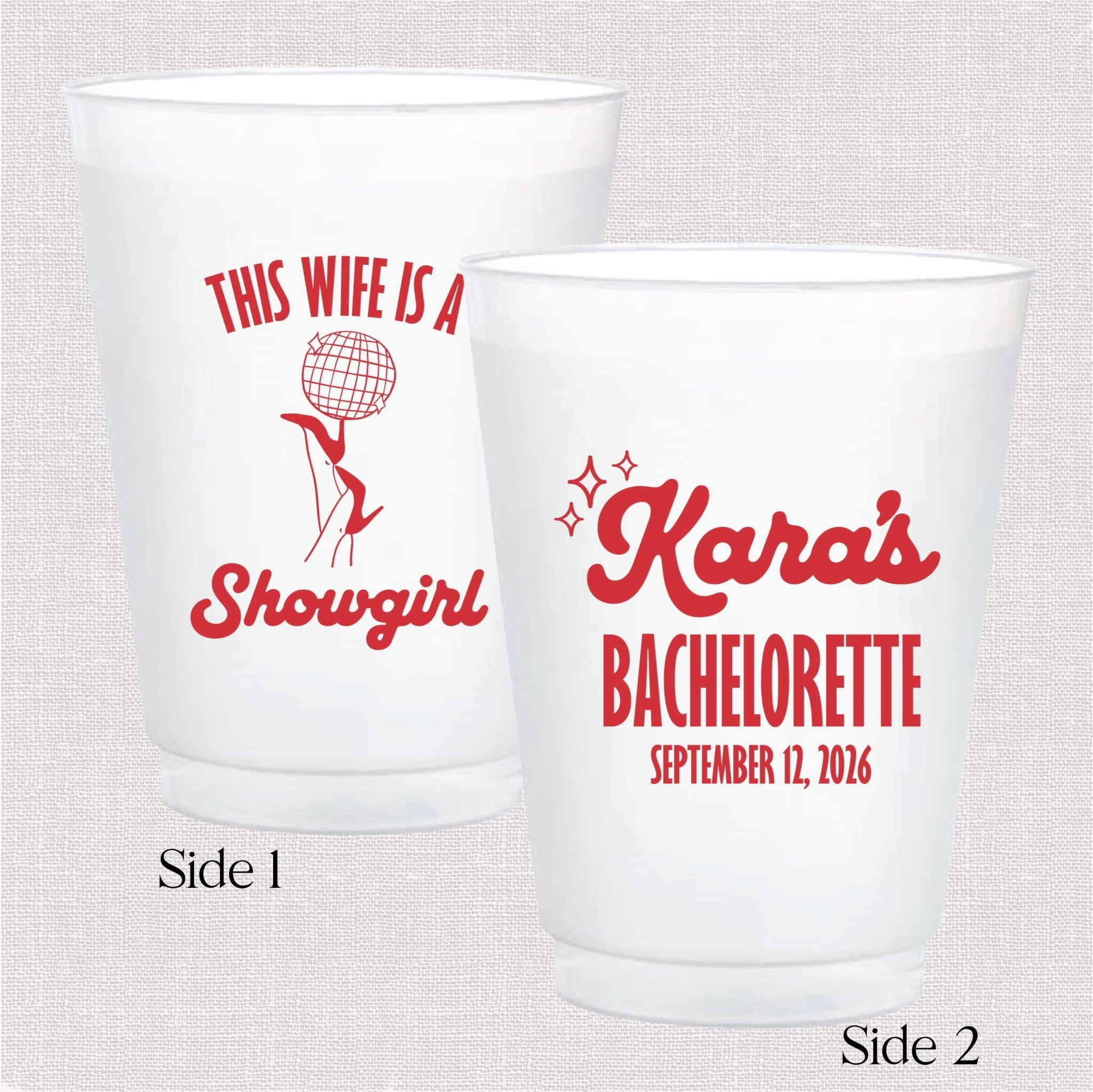 This Wife Is A Showgirl bachelorette cups close-up showing custom showgirl silhouette and disco ball design in navy ink