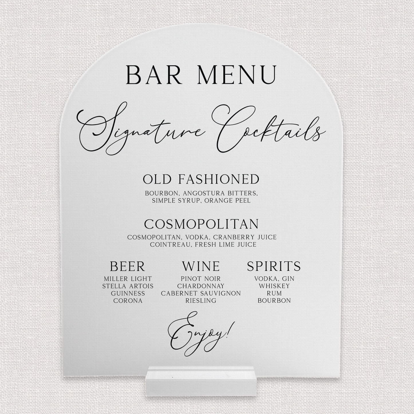 Modern initial 8x10 frosted acrylic arch bar menu — wedding bar suite
