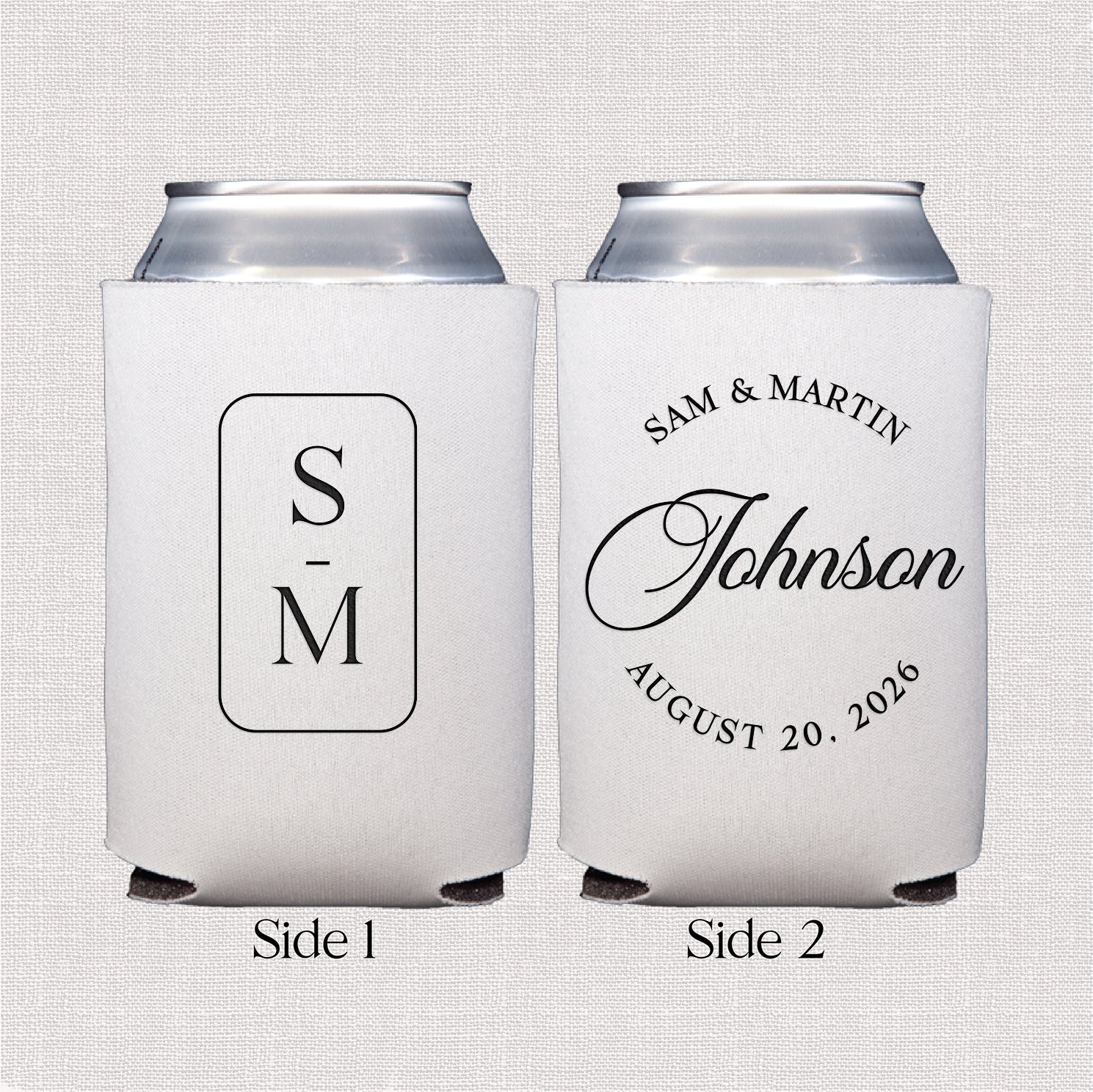 Personalized standard can coolers with modern monogram wedding design displayed upright