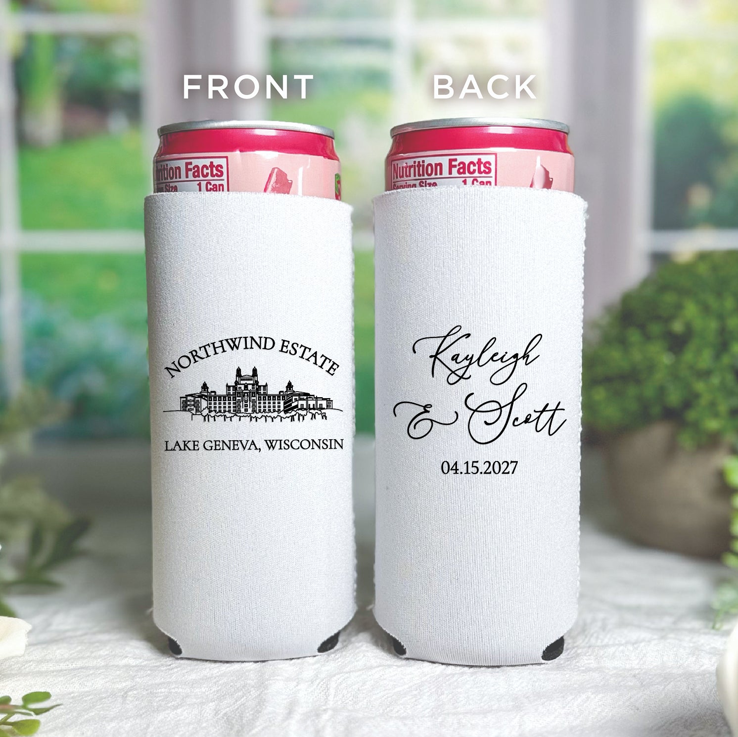 Personalized slim can coolers with venue line drawing design showing couple's initials and venue illustration