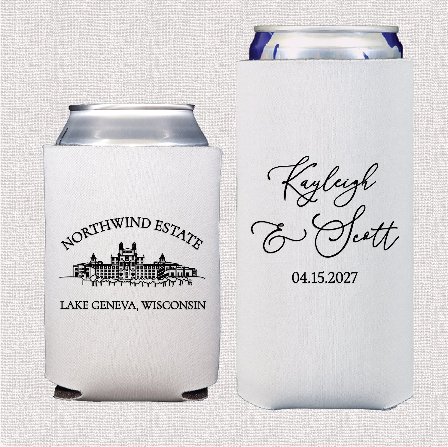 Venue line drawing wedding bundle featuring personalized standard and slim can coolers with venue line drawing design