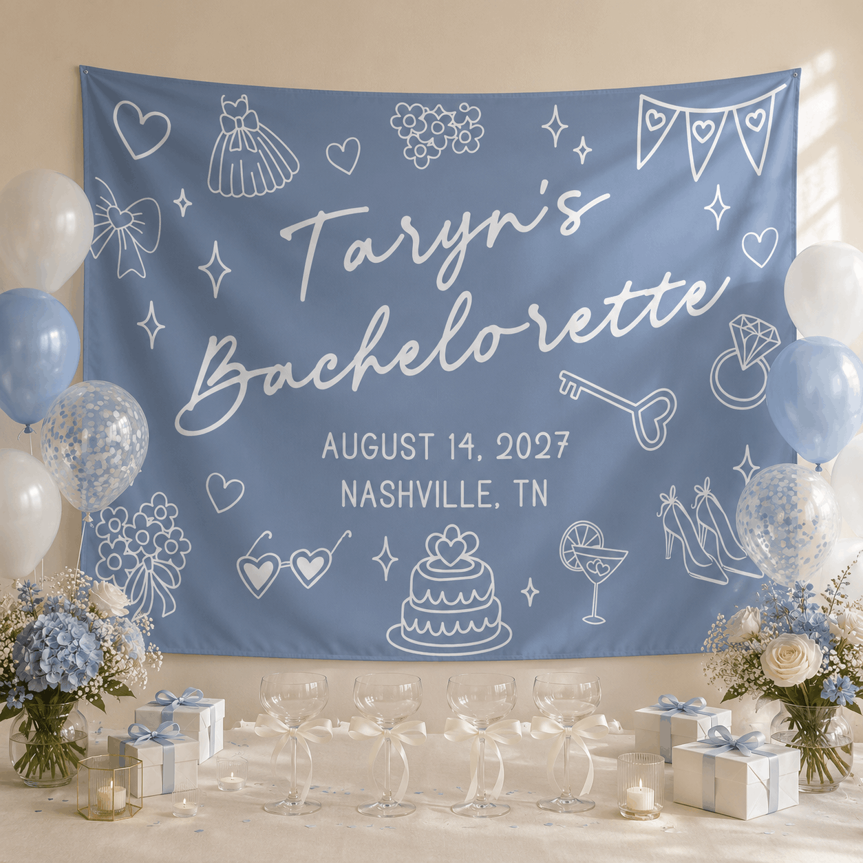Personalized doodle style bachelorette party tapestry banner - Design 2, custom name and date landscape backdrop