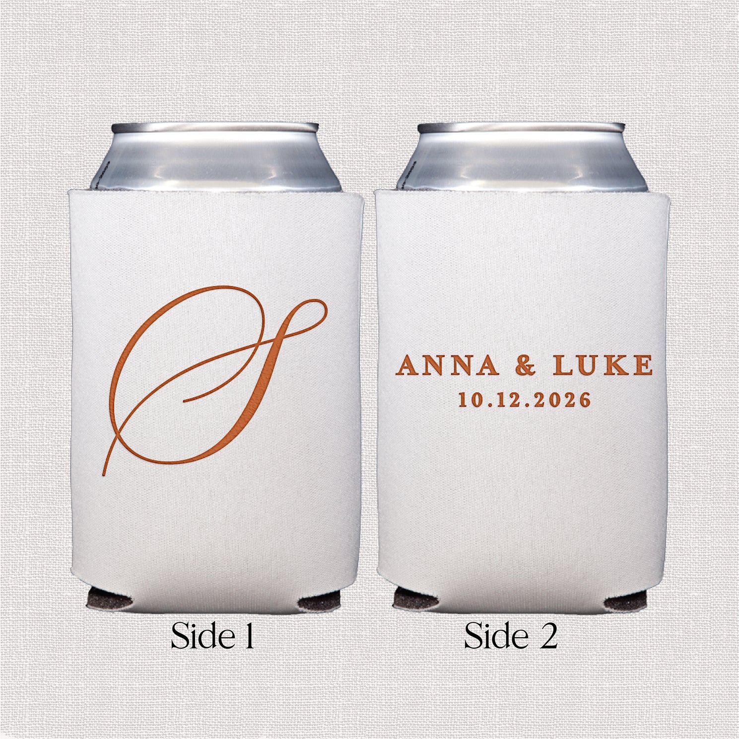 Personalized standard can coolers with classic monogram wedding design displayed upright