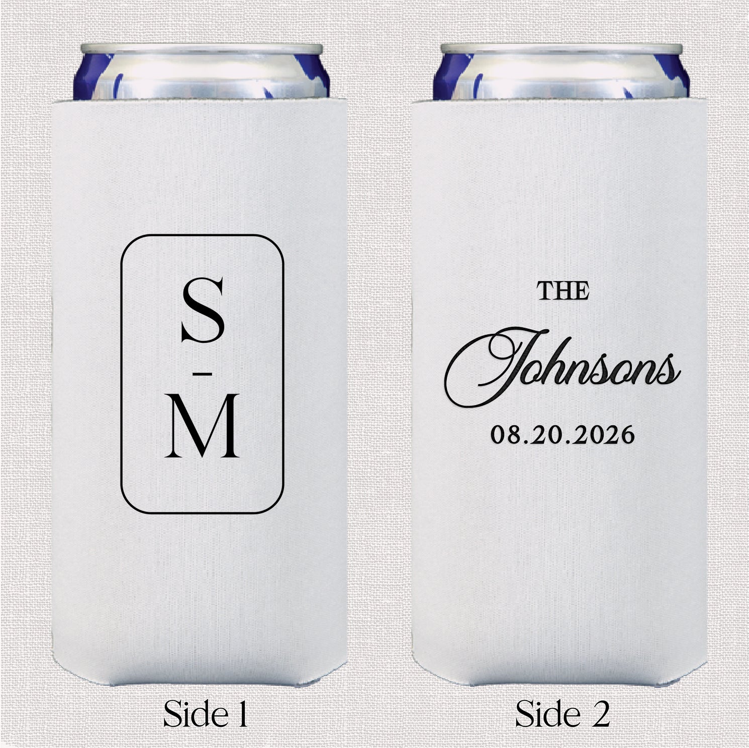 Personalized slim can coolers with modern monogram wedding design displayed upright