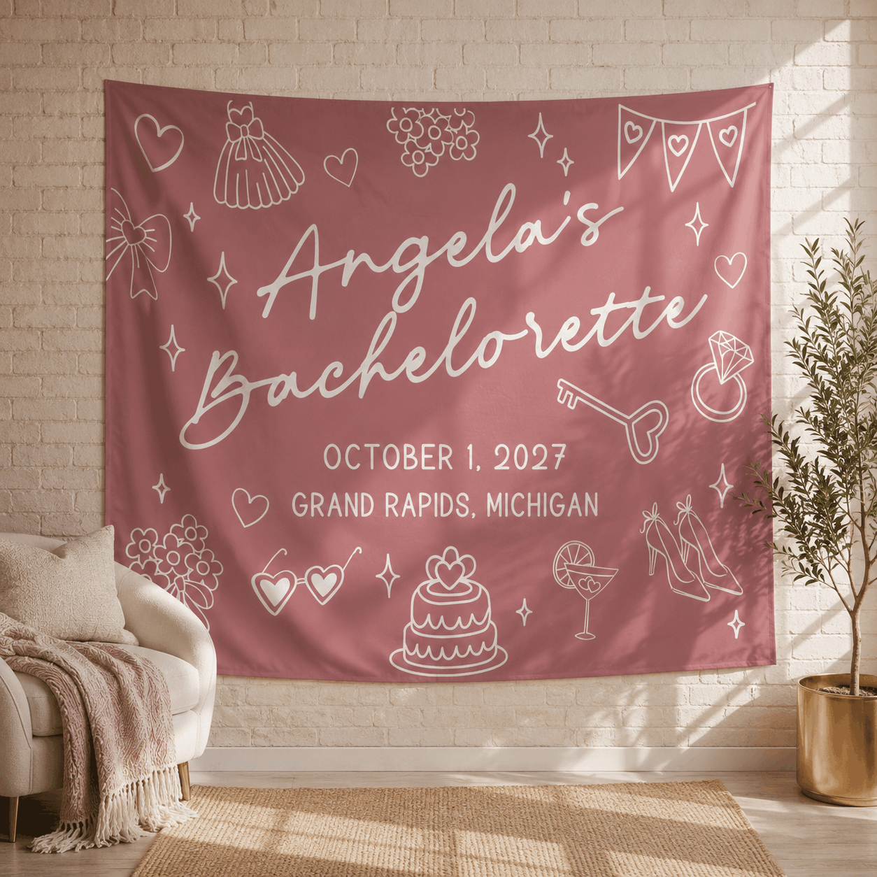 Personalized doodle style bachelorette party tapestry banner - Design 3, custom name and date landscape backdrop