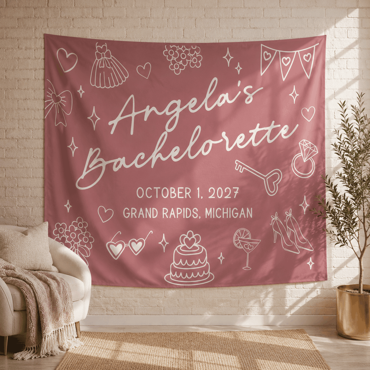 Personalized doodle style bachelorette party tapestry banner - Design 3, custom name and date landscape backdrop