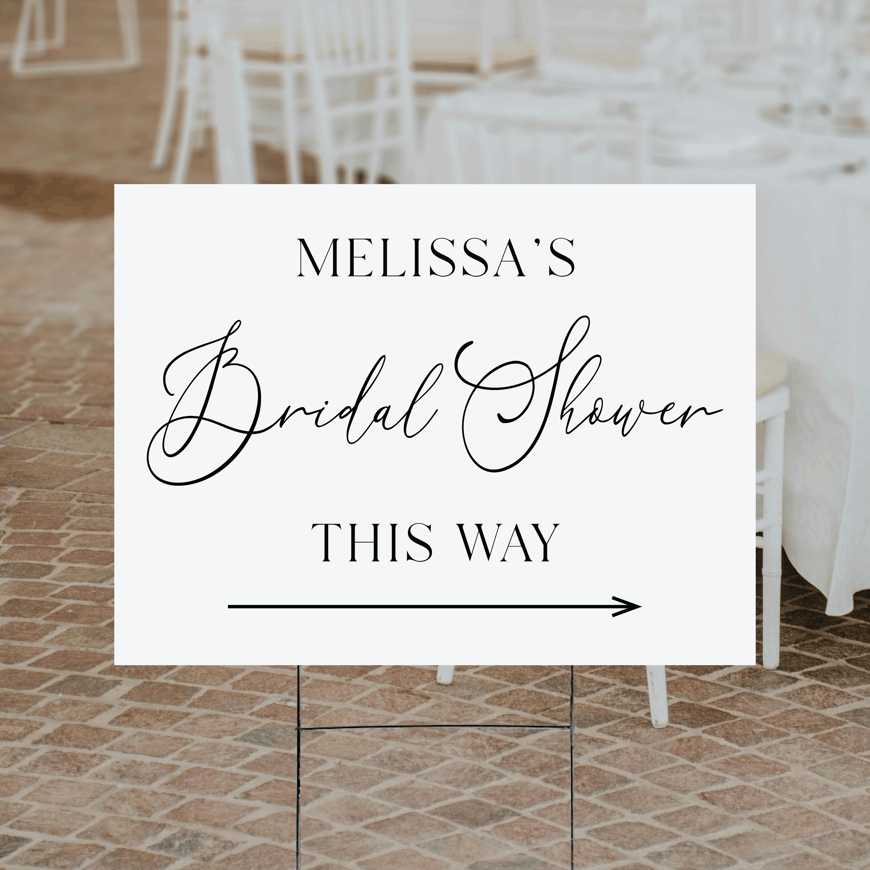 A personalized modern script bridal shower directional yard sign with a clean white background, elegant mixed script and serif typography, custom bride's name, and directional arrow.