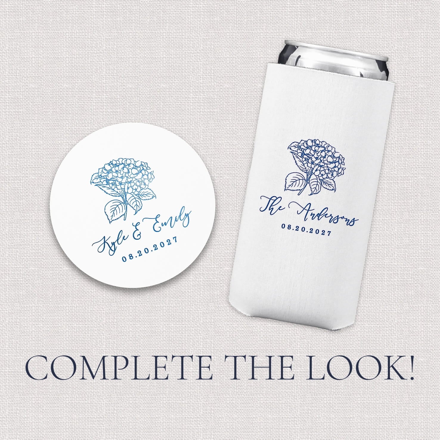 Optional add-on accessories for the Hydrangea Wedding Bundle, featuring a slim can cooler and a round coaster with a hydrangea floral design to complete the look.