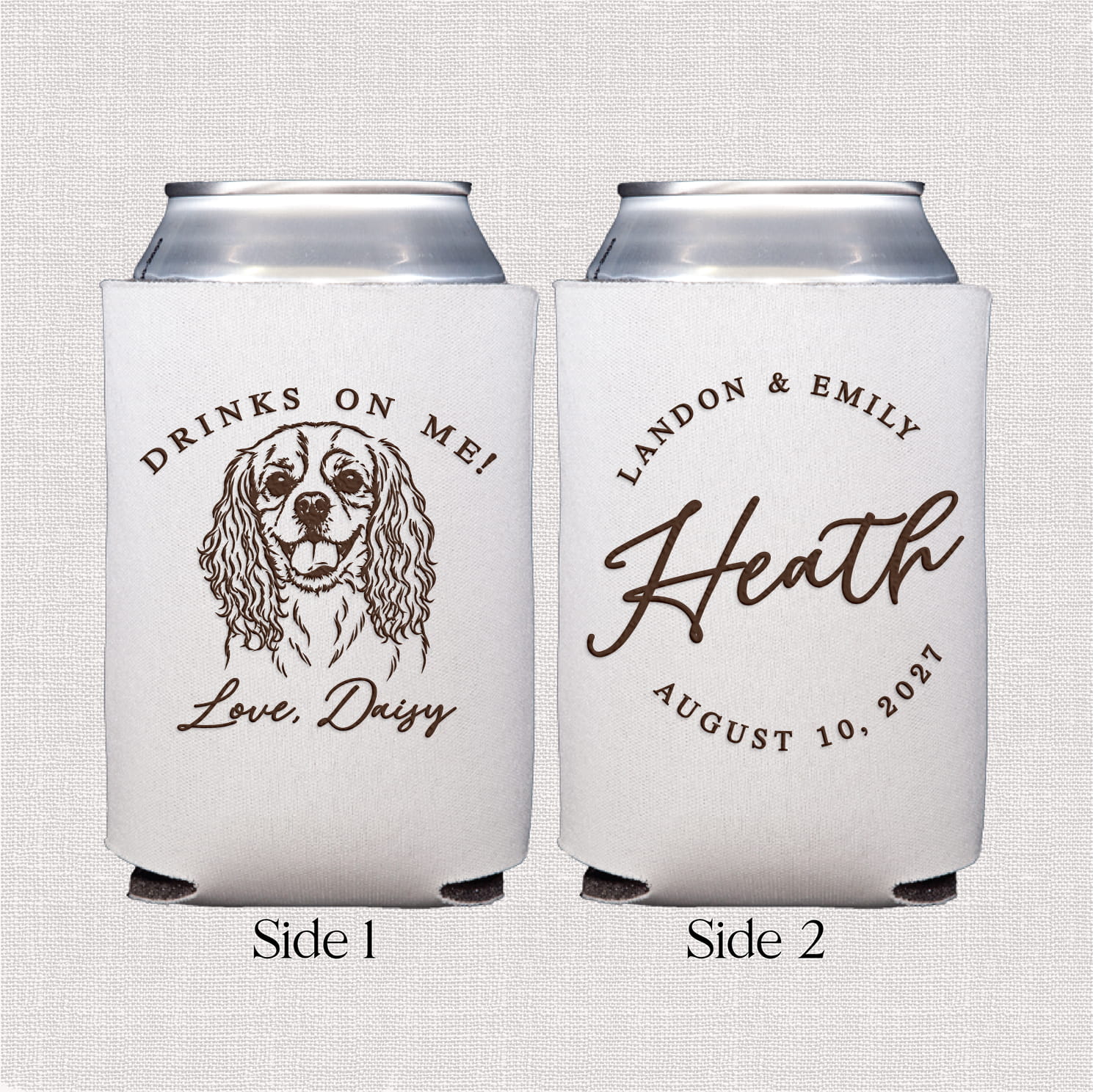 Drinks on Me standard neoprene can coolers — personalized pet wedding can coolers