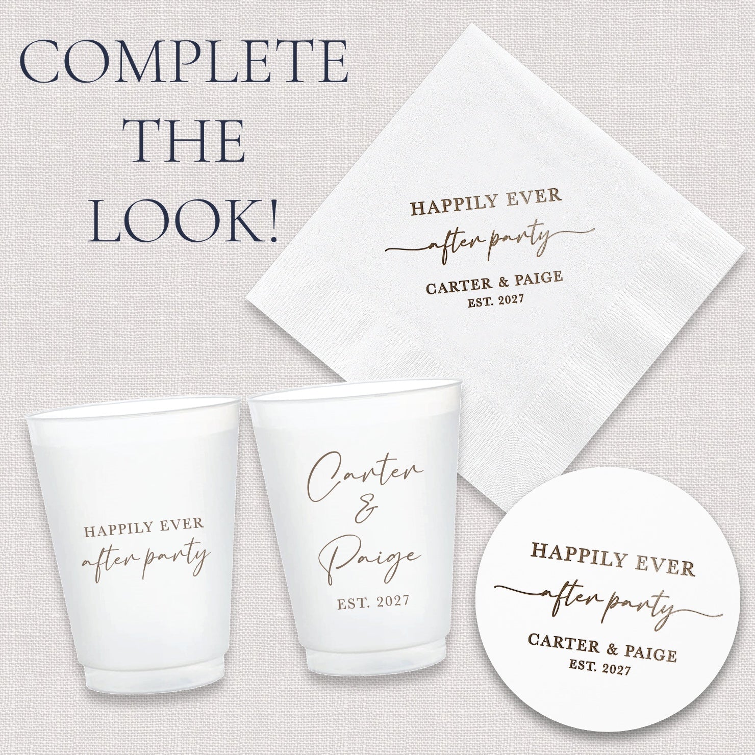 Complete the look upsell graphic showing coordinating happily ever after party wedding can coolers and accessories collection
