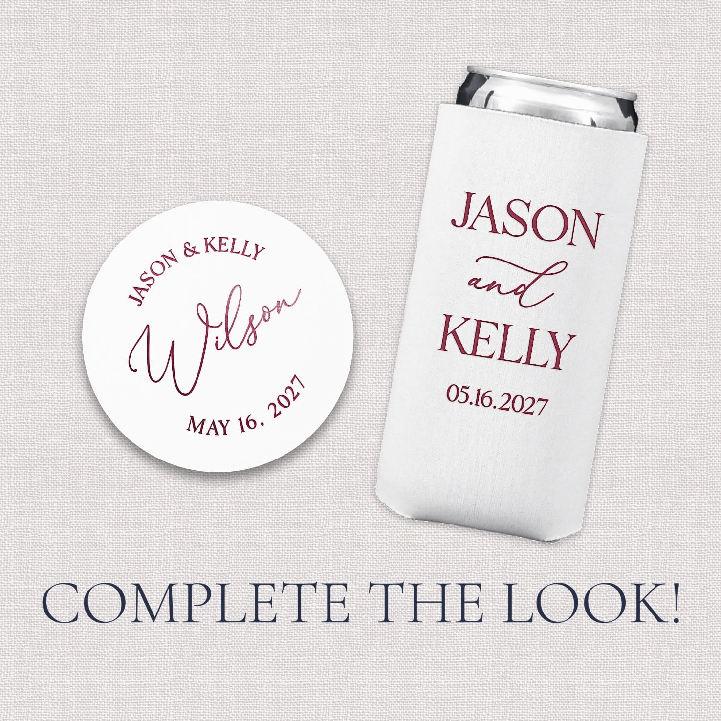 Optional add-on accessories for The Elegant Last Name Wedding Bundle, featuring a slim can cooler and a round coaster with an elegant last name design to complete the look.