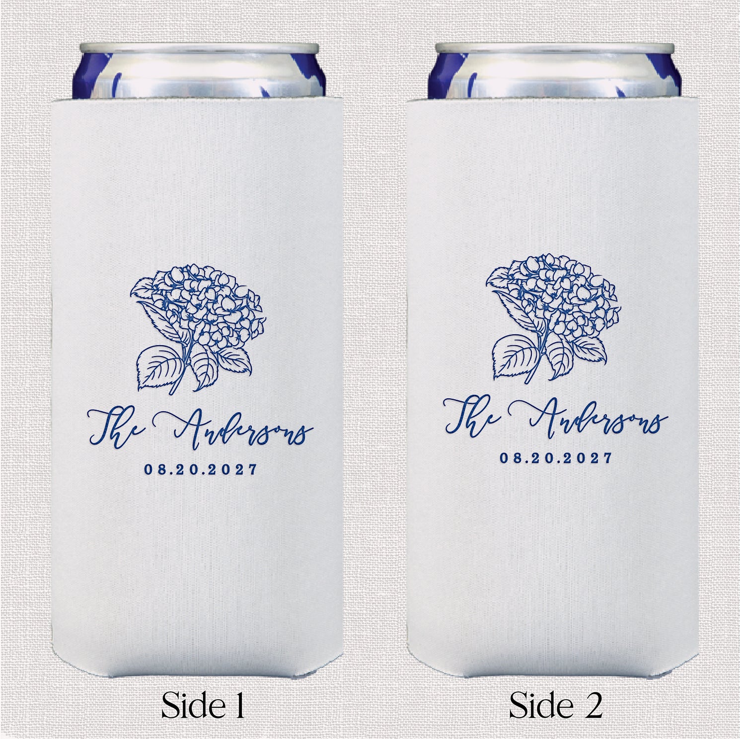 Personalized slim can coolers with hydrangea wedding floral design displayed upright